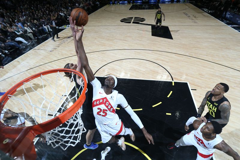 SALT LAKE CITY, UT - JANUARY 12: Chris Boucher #25 of the Toronto Raptors and Kelly Olynyk #41 of the Utah Jazz go up for the rebound during the game on January 12, 2024 at Delta Center in Salt Lake City, Utah. NOTE TO USER: User expressly acknowledges and agrees that, by downloading and or using this Photograph, User is consenting to the terms and conditions of the Getty Images License Agreement. Mandatory Copyright Notice: Copyright 2024 NBAE (Photo by Melissa Majchrzak/NBAE via Getty Images)