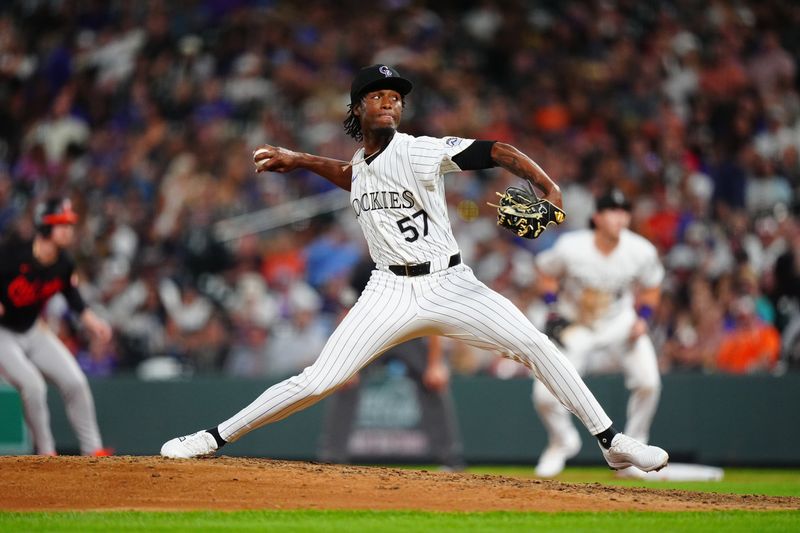 Aug 30, 2024; Denver, Colorado, USA; Colorado Rockies relief pitcher Angel Chivilli (57) delivers a pitch in the ninth inning against the Baltimore Orioles at Coors Field. Mandatory Credit: Ron Chenoy-USA TODAY Sports