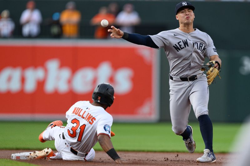 Apr 30, 2025; Baltimore, Maryland, USA; New York Yankees shortstop Anthony Volpe (11) throws to first base as Baltimore Orioles outfielder Cedric Mullins (31) is forced out during the first inning at Oriole Park at Camden Yards. Mandatory Credit: Reggie Hildred-Imagn Images