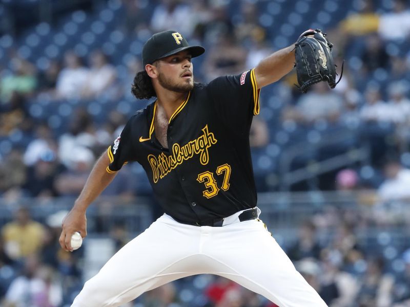 Jul 3, 2024; Pittsburgh, Pennsylvania, USA;  Pittsburgh Pirates starting pitcher Jared Jones (37) pitches against the St. Louis Cardinals during the fifth inning at PNC Park. Mandatory Credit: Charles LeClaire-USA TODAY Sports