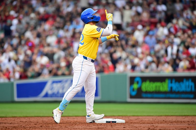 Jun 28, 2025; Boston, Massachusetts, USA; Boston Red Sox right fielder Wilyer Abreu (52) reacts after hitting an RBI double during the second inning against the Toronto Blue Jays at Fenway Park. Mandatory Credit: Bob DeChiara-Imagn Images