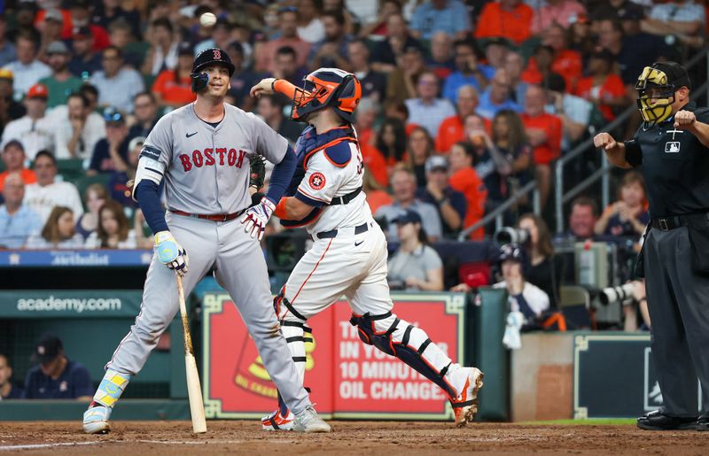 Aug 21, 2024; Houston, Texas, USA;  Boston Red Sox first baseman Triston Casas (36) reacts to striking out against the Houston Astros to end the top of the sixth inning at Minute Maid Park. Mandatory Credit: Thomas Shea-USA TODAY Sports