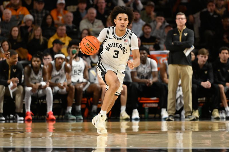 Jan 18, 2025; Nashville, Tennessee, USA;  Vanderbilt Commodores guard Tyler Tanner (3) dribbles the ball against the Tennessee Volunteers during the first half at Memorial Gymnasium. Mandatory Credit: Steve Roberts-Imagn Images