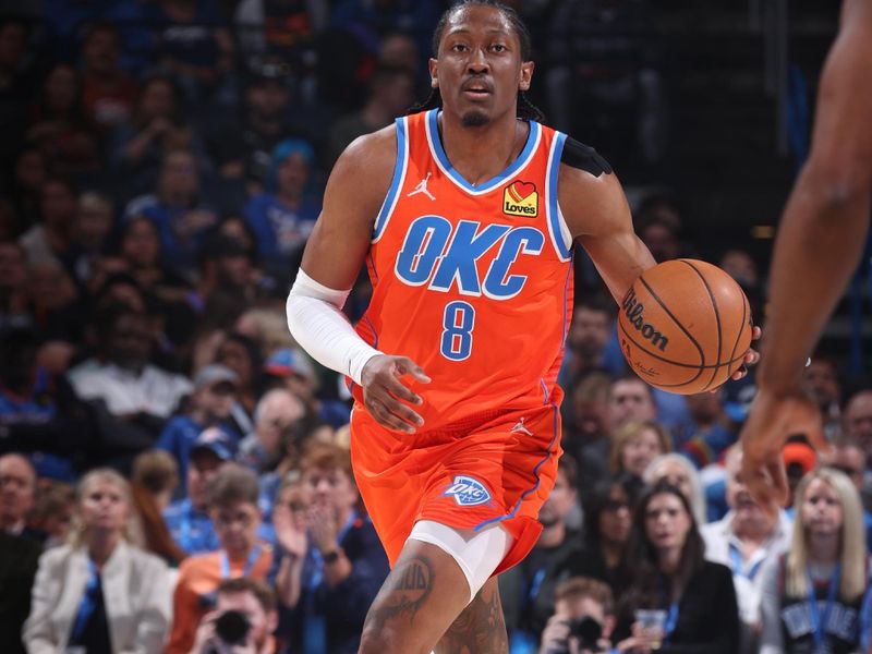 OKLAHOMA CITY, OK - NOVEMBER 11: Jalen Williams #8 of the Oklahoma City Thunder dribbles the ball during the game against the LA Clippers on November 11, 2024 at Paycom Center in Oklahoma City, Oklahoma. NOTE TO USER: User expressly acknowledges and agrees that, by downloading and or using this photograph, User is consenting to the terms and conditions of the Getty Images License Agreement. Mandatory Copyright Notice: Copyright 2024 NBAE (Photo by Nathaniel S. Butler/NBAE via Getty Images)