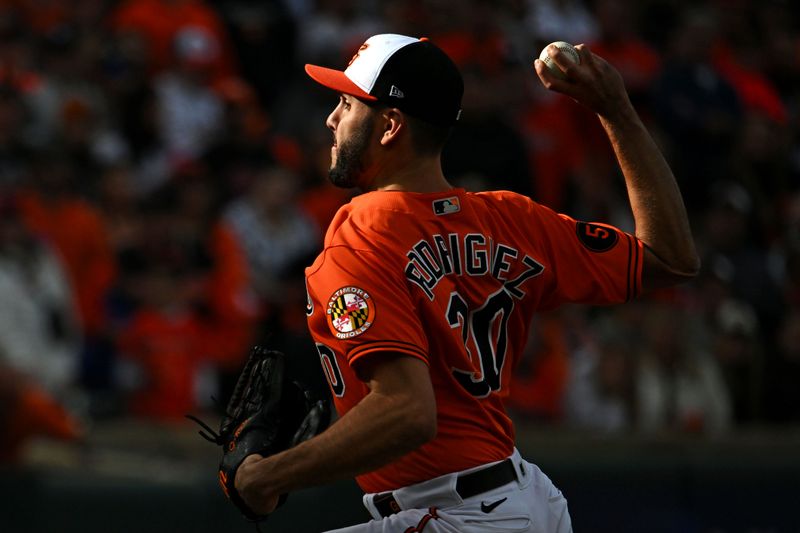 Oct 8, 2023; Baltimore, Maryland, USA; Baltimore Orioles starting pitcher Grayson Rodriguez (30) pitches during the first inning against the Texas Rangers during game two of the ALDS for the 2023 MLB playoffs at Oriole Park at Camden Yards. Mandatory Credit: Tommy Gilligan-USA TODAY Sports