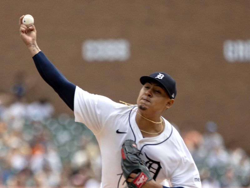 Aug 17, 2024; Detroit, Michigan, USA; Detroit Tigers starting pitcher Keider Montero (54) delivers in the first inning against the New York Yankees at Comerica Park. Mandatory Credit: David Reginek-USA TODAY Sports
