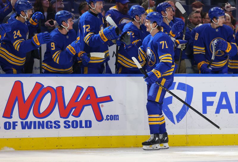 Jan 15, 2025; Buffalo, New York, USA;  Buffalo Sabres center Ryan McLeod (71) celebrates his goal with teammates during the first period against the Carolina Hurricanes at KeyBank Center. Mandatory Credit: Timothy T. Ludwig-Imagn Images