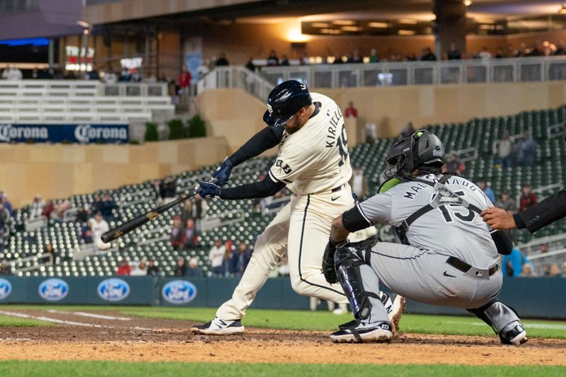 Apr 23, 2024; Minneapolis, Minnesota, USA; Minnesota Twins outfielder Alex Kirilloff (19) hits a walk-off single during the ninth inning against the Chicago White Sox at Target Field. Mandatory Credit: Matt Blewett-USA TODAY Sports