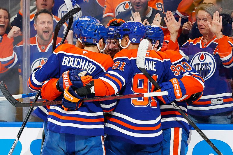 May 1, 2025; Edmonton, Alberta, CAN;The Edmonton Oilers celebrate a goal scored by forward Zach Hyman (18) during the first period against the Los Angeles Kings in game six of the first round of the 2025 Stanley Cup Playoffs at Rogers Place. Mandatory Credit: Perry Nelson-Imagn Images