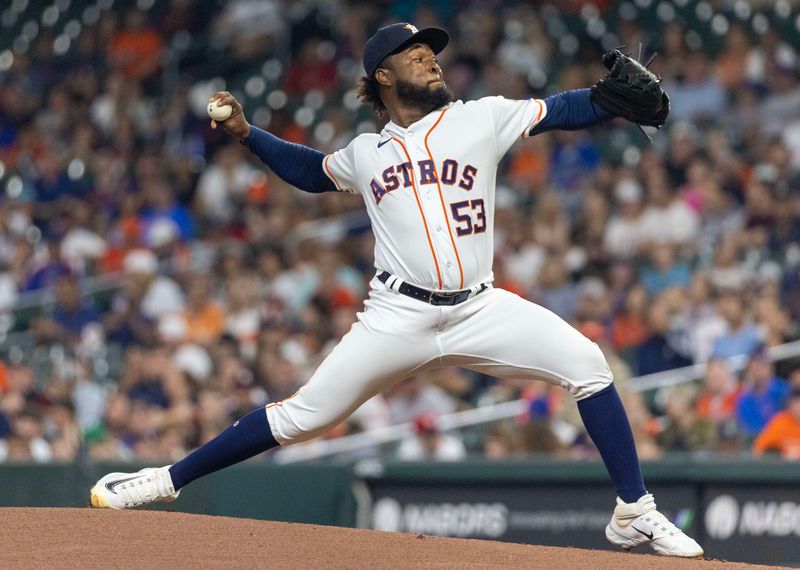 May 16, 2023; Houston, Texas, USA; Houston Astros starting pitcher Cristian Javier (53) pitches against the Chicago Cubs in the first inning at Minute Maid Park. Mandatory Credit: Thomas Shea-USA TODAY Sports