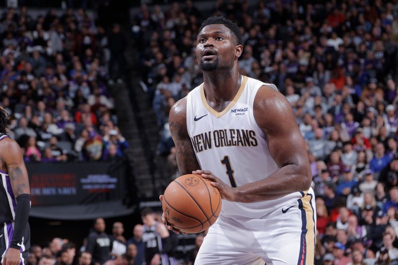 SACRAMENTO, CA - FEBRUARY 8:  Zion Williamson #1 of the New Orleans Pelicans shoots a free throw during the game against the Sacramento Kings on February 8, 2025 at Golden 1 Center in Sacramento, California. NOTE TO USER: User expressly acknowledges and agrees that, by downloading and or using this Photograph, user is consenting to the terms and conditions of the Getty Images License Agreement. Mandatory Copyright Notice: Copyright 2025 NBAE (Photo by Rocky Widner/NBAE via Getty Images)