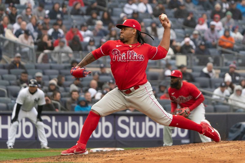 Apr 5, 2023; Bronx, New York, USA; Philadelphia Phillies pitcher Gregory Soto (30) delivers a pitch against the New York Yankees during the seventh inning at Yankee Stadium. Mandatory Credit: Gregory Fisher-USA TODAY Sports