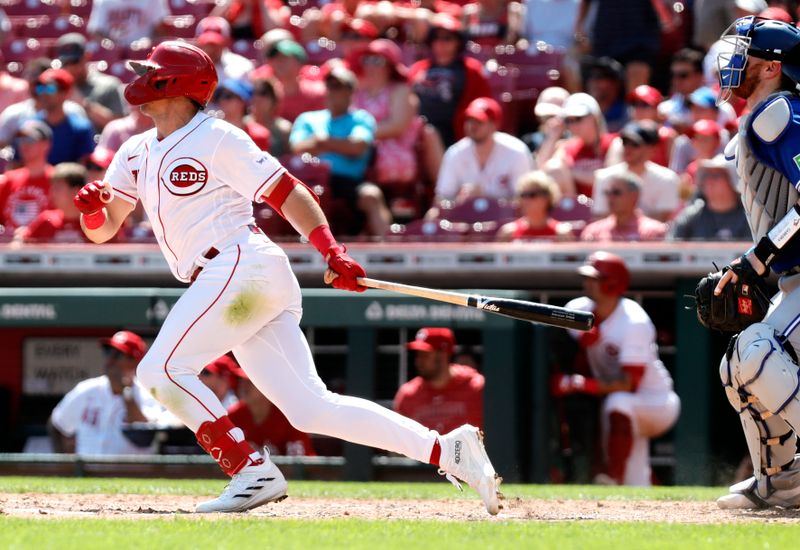 Aug 20, 2023; Cincinnati, Ohio, USA; Cincinnati Reds left fielder Spencer Steer (7) hits a double against the Toronto Blue Jays during the sixth inning at Great American Ball Park. Mandatory Credit: David Kohl-USA TODAY Sports