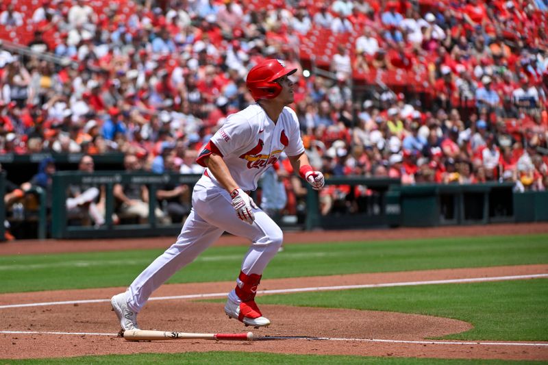 Jun 14, 2023; St. Louis, Missouri, USA;  St. Louis Cardinals center fielder Tommy Edman (19) hits a grand slam against the San Francisco Giants during the second inning at Busch Stadium. Mandatory Credit: Jeff Curry-USA TODAY Sports