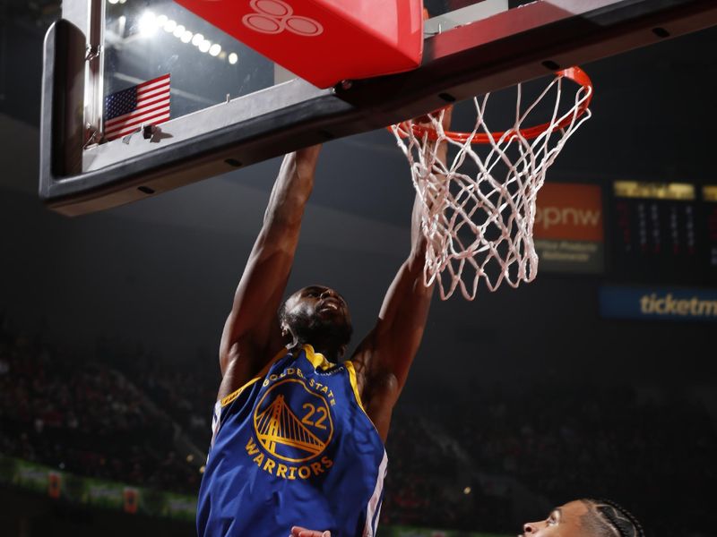 PORTLAND, OR - OCTOBER 23: Andrew Wiggins #22 of the Golden State Warriors dunks the ball during the game against the Portland Trail Blazers on October 23, 2024 at the Moda Center Arena in Portland, Oregon. NOTE TO USER: User expressly acknowledges and agrees that, by downloading and or using this photograph, user is consenting to the terms and conditions of the Getty Images License Agreement. Mandatory Copyright Notice: Copyright 2024 NBAE (Photo by Cameron Browne/NBAE via Getty Images)