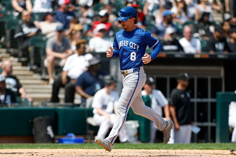Jun 8, 2025; Chicago, Illinois, USA; Kansas City Royals outfielder Drew Waters (8) scores against the Chicago White Sox during the seventh inning at Rate Field. Mandatory Credit: Kamil Krzaczynski-Imagn Images