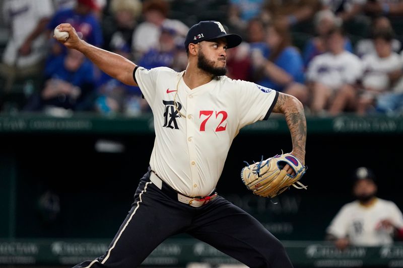 Jul 19, 2024; Arlington, Texas, USA; Texas Rangers pitcher Jonathan Hernández (72) throws to the plate during the sixth inning against the Baltimore Orioles at Globe Life Field. Mandatory Credit: Raymond Carlin III-USA TODAY Sports