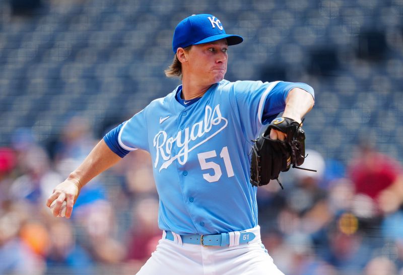 Apr 19, 2023; Kansas City, Missouri, USA; Kansas City Royals starting pitcher Brady Singer (51) pitches during the second inning against the Texas Rangers at Kauffman Stadium. Mandatory Credit: Jay Biggerstaff-USA TODAY Sports