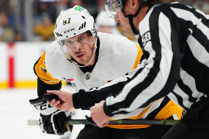 Jan 20, 2024; Las Vegas, Nevada, USA; Pittsburgh Penguins center Sidney Crosby (87) prepares for a face off against the Vegas Golden Knights during the second period at T-Mobile Arena. Mandatory Credit: Stephen R. Sylvanie-USA TODAY Sports