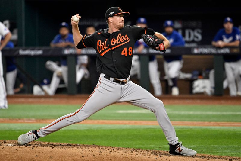 Oct 10, 2023; Arlington, Texas, USA; Baltimore Orioles relief pitcher Kyle Gibson (48) pitches in the fourth inning against the Texas Rangers during game three of the ALDS for the 2023 MLB playoffs at Globe Life Field. Mandatory Credit: Jerome Miron-USA TODAY Sports