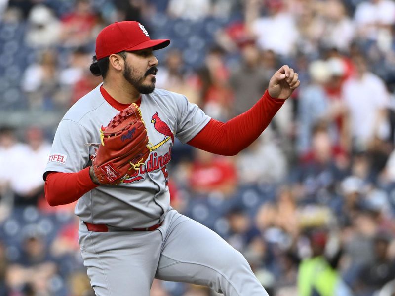 May 10, 2025; Washington, District of Columbia, USA; St. Louis Cardinals relief pitcher JoJo Romero (59) throws in the eighth inning against the Washington Nationals at Nationals Park. Mandatory Credit: Brad Mills-Imagn Images
