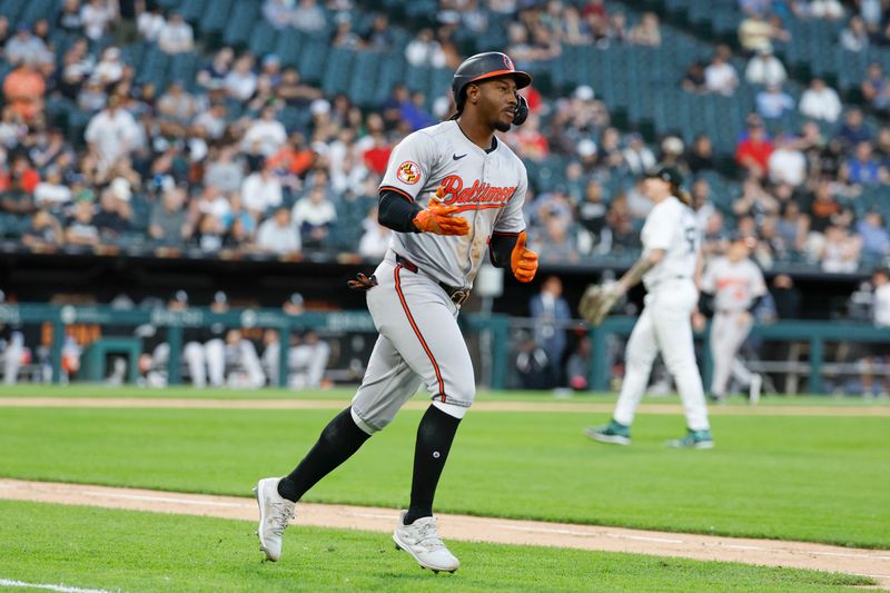 May 23, 2024; Chicago, Illinois, USA; Baltimore Orioles second base Jorge Mateo (3) rounds the bases after hitting a three-run home run against the Chicago White Sox during the fourth inning at Guaranteed Rate Field. Mandatory Credit: Kamil Krzaczynski-USA TODAY Sports