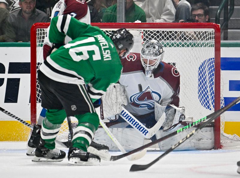 May 15, 2024; Dallas, Texas, USA; Colorado Avalanche goaltender Alexandar Georgiev (40) stops a shot by Dallas Stars center Joe Pavelski (16) during the first period in game five of the second round of the 2024 Stanley Cup Playoffs at American Airlines Center. Mandatory Credit: Jerome Miron-USA TODAY Sports