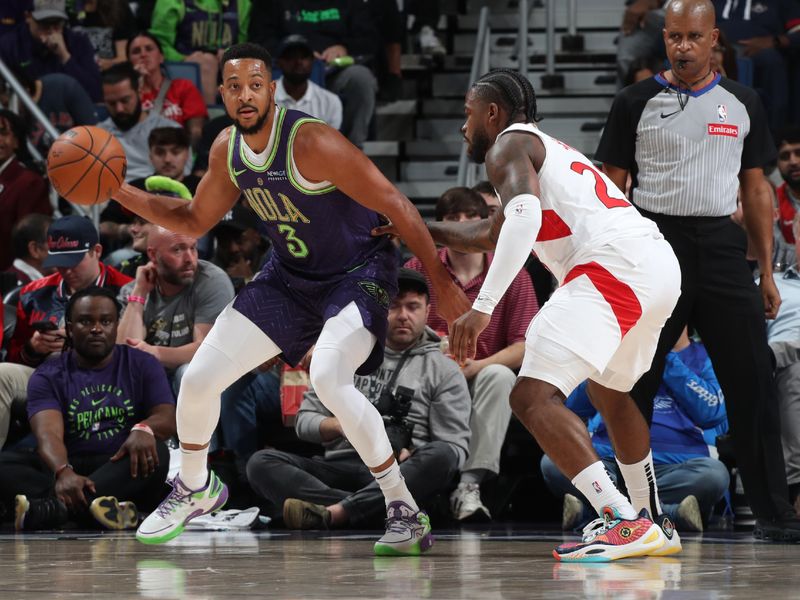 NEW ORLEANS, LA - NOVEMBER 27:   CJ McCollum #3 of the New Orleans Pelicans dribbles the ball during the game against the Toronto Raptors during a regular season game on November 27, 2024 at the Smoothie King Center in New Orleans, Louisiana. NOTE TO USER: User expressly acknowledges and agrees that, by downloading and or using this Photograph, user is consenting to the terms and conditions of the Getty Images License Agreement. Mandatory Copyright Notice: Copyright 2024 NBAE (Photo by Layne Murdoch Jr./NBAE via Getty Images)