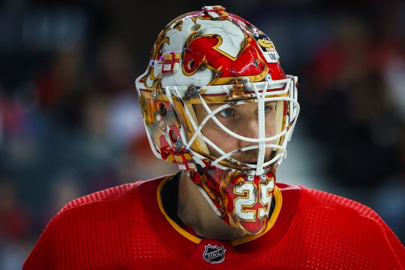 Nov 30, 2023; Calgary, Alberta, CAN; Calgary Flames goaltender Jacob Markstrom (25) during the third period against the Dallas Stars at Scotiabank Saddledome. Mandatory Credit: Sergei Belski-USA TODAY Sports