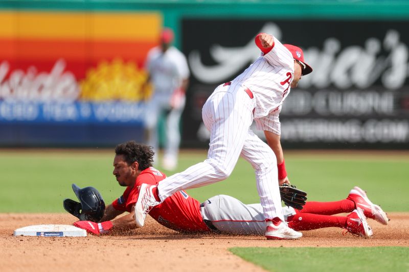 Mar 14, 2024; Clearwater, Florida, USA;  Boston Red Sox second baseman David Hamilton (70) steals second base against the Philadelphia Phillies in the fifth inning at BayCare Ballpark. Mandatory Credit: Nathan Ray Seebeck-USA TODAY Sports