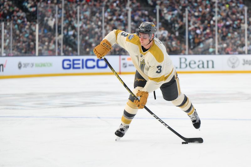 Jan 1, 2024; Seattle, Washington, USA; Vegas Golden Knights defenseman Brayden McNabb (3) shoots the puck against the Seattle Kraken during the 3rd period in the 2024 Winter Classic ice hockey game at T-Mobile Park. Mandatory Credit: Steven Bisig-USA TODAY Sports