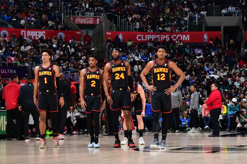 LOS ANGELES, CA - MARCH 17: The Atlanta Hawks look on during the game against the LA Clippers on March 17, 2024 at Crypto.Com Arena in Los Angeles, California. NOTE TO USER: User expressly acknowledges and agrees that, by downloading and/or using this Photograph, user is consenting to the terms and conditions of the Getty Images License Agreement. Mandatory Copyright Notice: Copyright 2024 NBAE (Photo by Adam Pantozzi/NBAE via Getty Images)