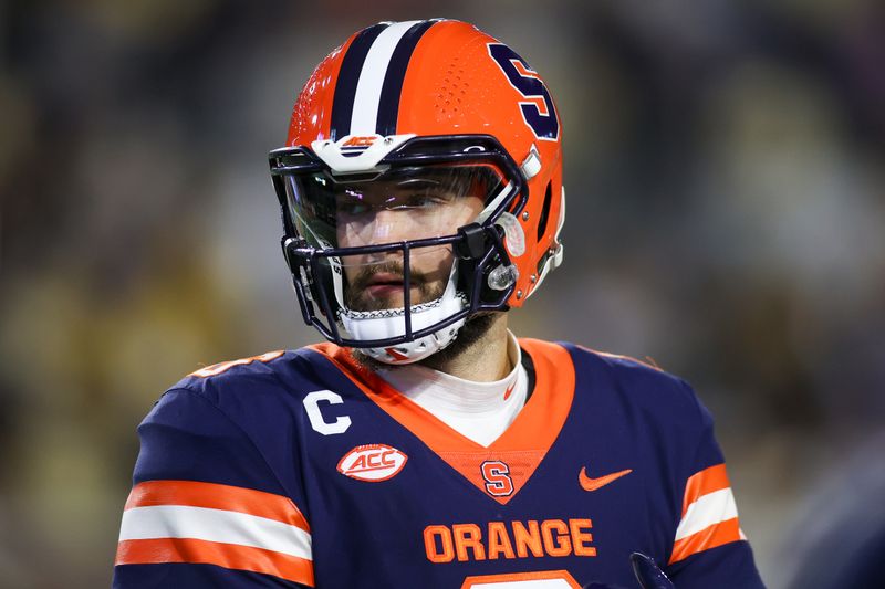 Nov 18, 2023; Atlanta, Georgia, USA; Syracuse Orange quarterback Garrett Shrader (6) on the sideline against the Georgia Tech Yellow Jackets in the second half at Bobby Dodd Stadium at Hyundai Field. Mandatory Credit: Brett Davis-USA TODAY Sports