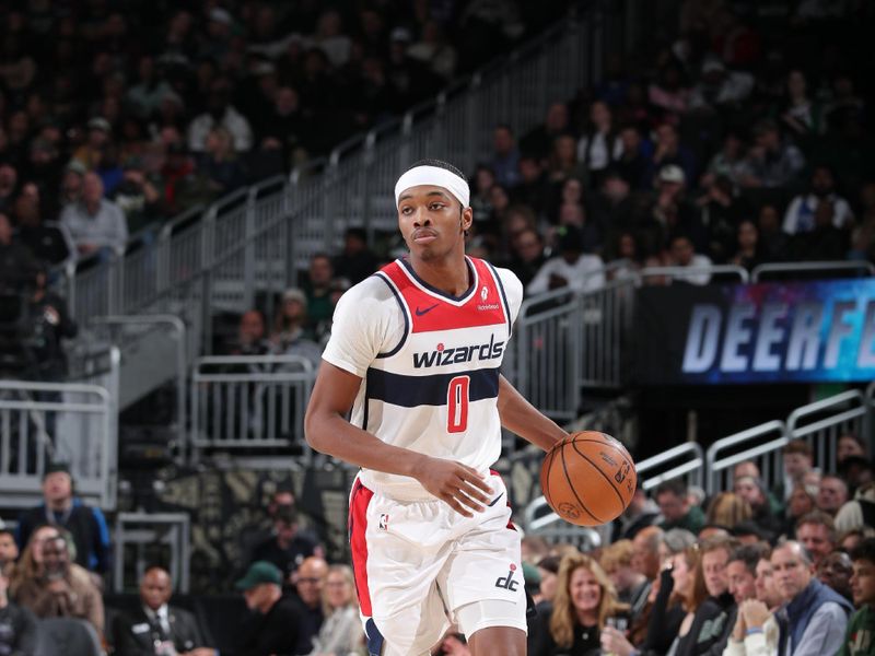 MILWAUKEE, WI - NOVEMBER 30: Bilal Coulibaly #0 of the Washington Wizards dribbles the ball during the game against the Milwaukee Bucks on November 30, 2024 at Fiserv Forum Center in Milwaukee, Wisconsin. NOTE TO USER: User expressly acknowledges and agrees that, by downloading and or using this Photograph, user is consenting to the terms and conditions of the Getty Images License Agreement. Mandatory Copyright Notice: Copyright 2024 NBAE (Photo by Gary Dineen/NBAE via Getty Images).