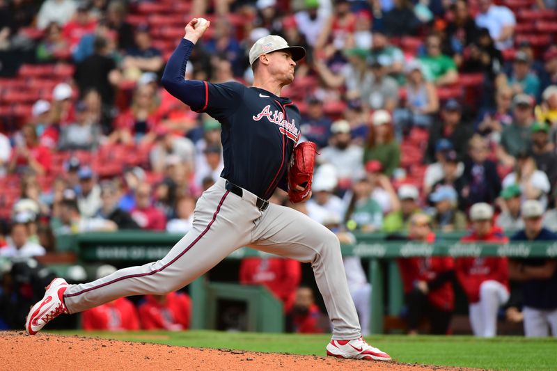 May 18, 2025; Boston, Massachusetts, USA; Atlanta Braves relief pitcher Scott Blewett (63) pitches during the ninth inning against the Boston Red Sox at Fenway Park. Mandatory Credit: Bob DeChiara-Imagn Images