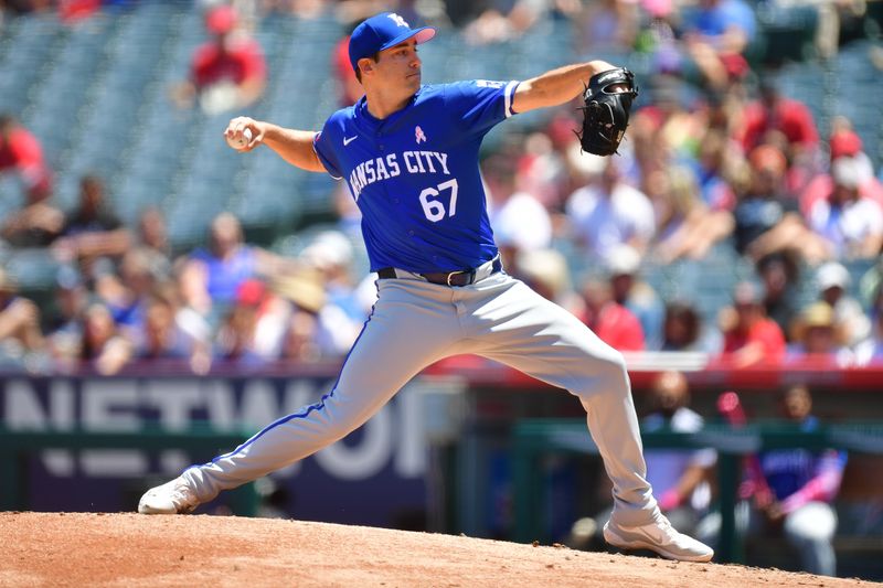 May 12, 2024; Anaheim, California, USA; Kansas City Royals pitcher Seth Lugo (67) throws against the Los Angeles Angels during the first inning at Angel Stadium. Mandatory Credit: Gary A. Vasquez-USA TODAY Sports