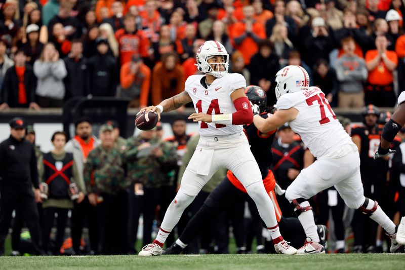 Nov 11, 2023; Corvallis, Oregon, USA; Stanford Cardinal quarterback Ashton Daniels (14) looks to throw during the first half against the Oregon State Beavers at Reser Stadium. Mandatory Credit: Soobum Im-USA TODAY Sports