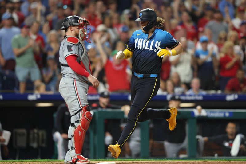Sep 26, 2025; Philadelphia, Pennsylvania, USA; Philadelphia Phillies third base Alec Bohm (28) scores against the Minnesota Twins during the sixth inning at Citizens Bank Park. Mandatory Credit: Bill Streicher-Imagn Images