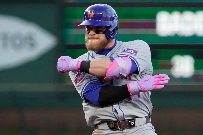 Jun 23, 2024; Chicago, Illinois, USA; New York Mets outfielder Harrison Bader (44) gestures after hitting a double against the Chicago Cubs during the sixth inning at Wrigley Field. Mandatory Credit: David Banks-USA TODAY Sports