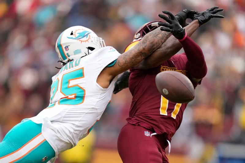 Miami Dolphins cornerback Xavien Howard, left, breaks up a pass intended for Washington Commanders wide receiver Terry McLaurin during the first half of an NFL football game Sunday, Dec. 3, 2023, in Landover, Md. (AP Photo/Alex Brandon)