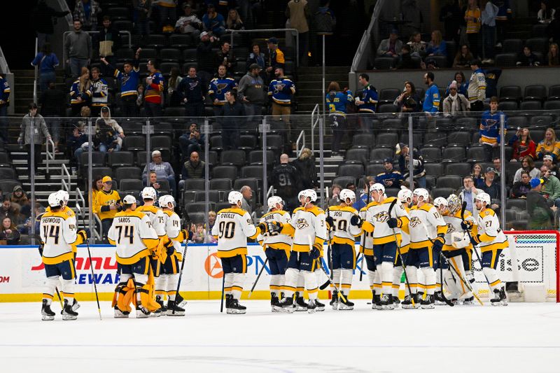 Nov 24, 2023; St. Louis, Missouri, USA;  Nashville Predators celebrate after defeating the St. Louis Blues at Enterprise Center. Mandatory Credit: Jeff Curry-USA TODAY Sports