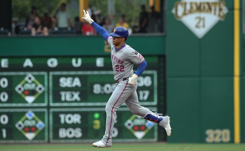 Jun 27, 2025; Pittsburgh, Pennsylvania, USA;  New York Mets right fielder Juan Soto (22) circles the bases on a solo home run against the Pittsburgh Pirates during the fourth inning at PNC Park. Mandatory Credit: Charles LeClaire-Imagn Images