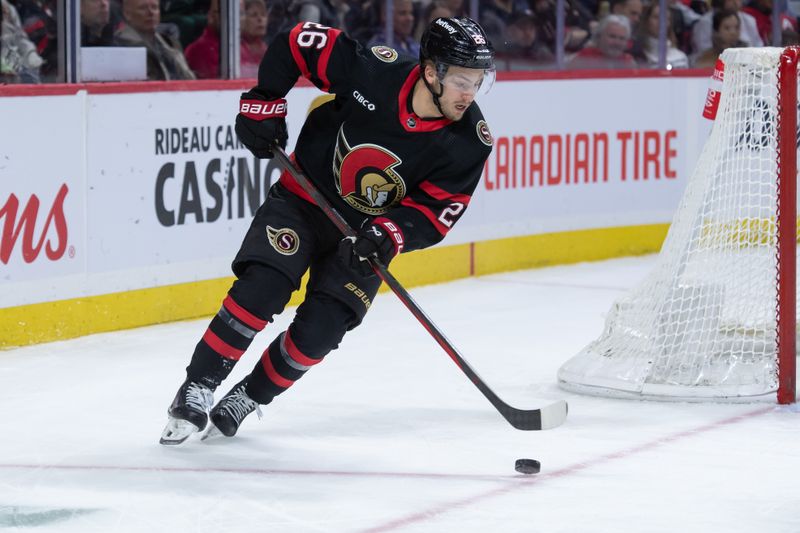 Dec 29, 2023; Ottawa, Ontario, CAN; Ottawa Senators defenseman Erik Brannstrom (26) skates with the puck in the second period against the New Jersey Devils  at the Canadian Tire Centre. Mandatory Credit: Marc DesRosiers-USA TODAY Sports