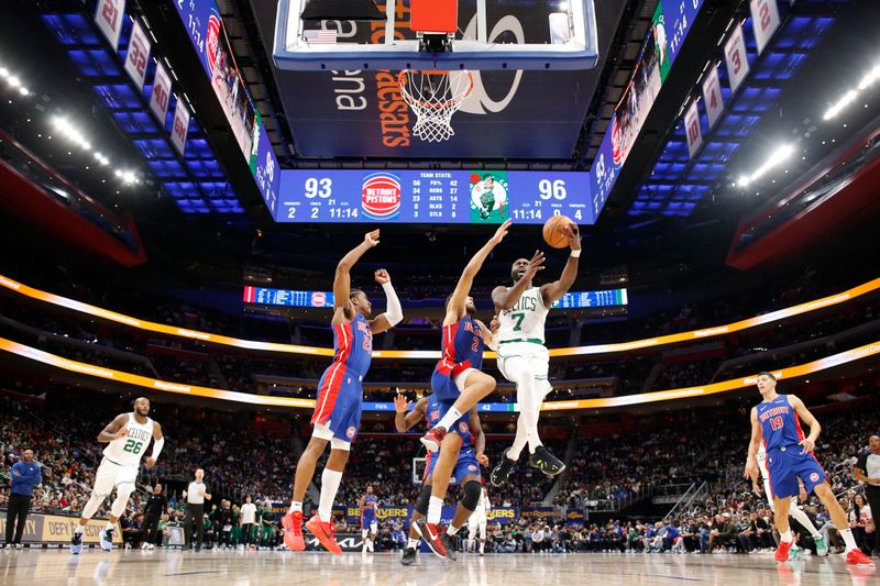 DETROIT, MI - OCTOBER 26: Jaylen Brown #7 of the Boston Celtics shoots the ball during the game against the Detroit Pistons  during a regular season game on October 26, 2024 at Little Caesars Arena in Detroit, Michigan. NOTE TO USER: User expressly acknowledges and agrees that, by downloading and/or using this photograph, User is consenting to the terms and conditions of the Getty Images License Agreement. Mandatory Copyright Notice: Copyright 2024 NBAE (Photo by Brian Sevald/NBAE via Getty Images)