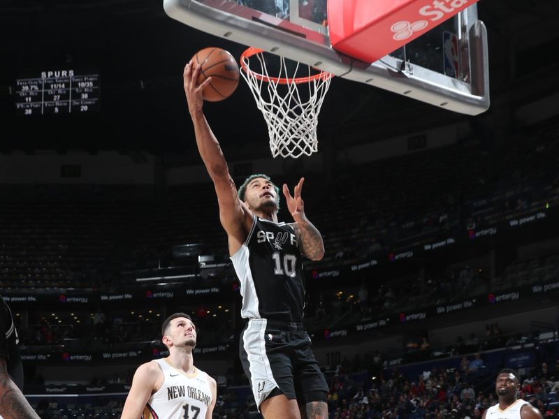 NEW ORLEANS, LA - FEBRUARY 25: Jeremy Sochan #10 of the San Antonio Spurs shoots the ball during the game against the New Orleans Pelicans on February 25, 2025 at the Smoothie King Center in New Orleans, Louisiana. NOTE TO USER: User expressly acknowledges and agrees that, by downloading and or using this Photograph, user is consenting to the terms and conditions of the Getty Images License Agreement. Mandatory Copyright Notice: Copyright 2025 NBAE (Photo by Layne Murdoch Jr./NBAE via Getty Images)