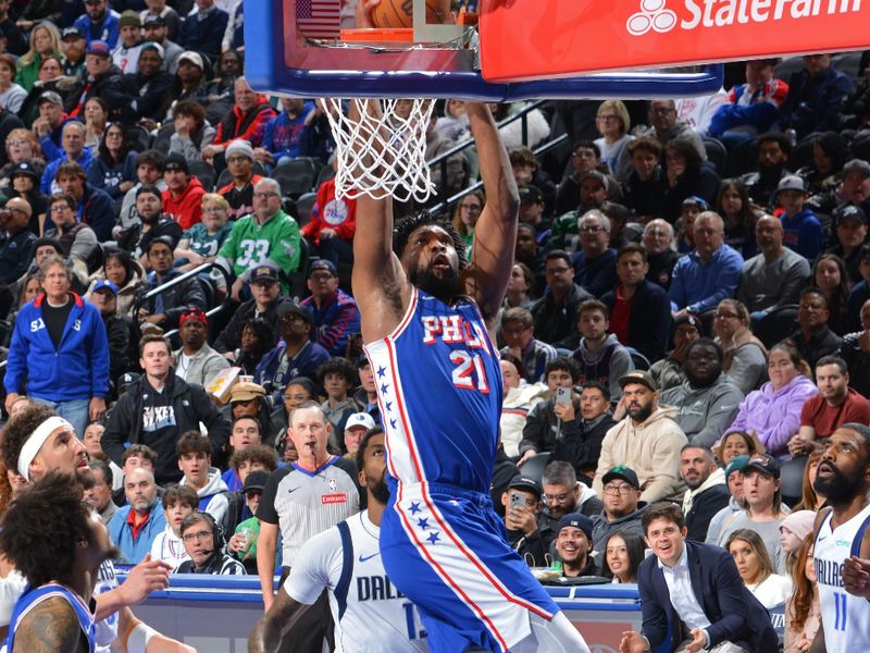 PHILADELPHIA, PA - FEBRUARY 4: Joel Embiid #21 of the Philadelphia 76ers dunks the ball during the game against the Philadelphia 76ers on February 4, 2025 at the Wells Fargo Center in Philadelphia, Pennsylvania NOTE TO USER: User expressly acknowledges and agrees that, by downloading and/or using this Photograph, user is consenting to the terms and conditions of the Getty Images License Agreement. Mandatory Copyright Notice: Copyright 2025 NBAE (Photo by Jesse D. Garrabrant/NBAE via Getty Images)