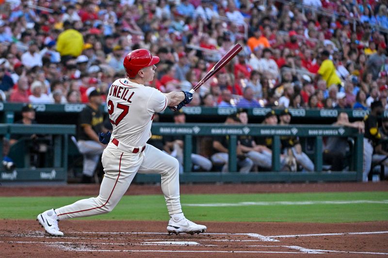 Sep 2, 2023; St. Louis, Missouri, USA;  St. Louis Cardinals left fielder Tyler O'Neill (27) hits a three run home run against the Pittsburgh Pirates during the second inning at Busch Stadium. Mandatory Credit: Jeff Curry-USA TODAY Sports