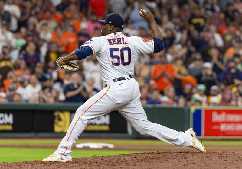 Sep 9, 2023; Houston, Texas, USA; Houston Astros relief pitcher Hector Neris (50) pitches against the San Diego Padres in the sixth inning at Minute Maid Park. Mandatory Credit: Thomas Shea-USA TODAY Sports