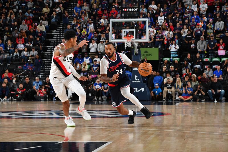 INGLEWOOD, CA - OCTOBER 30: Norman Powell #24 of the LA Clippers drives to the basket during the game against the Portland Trail Blazers on October 30, 2024 at Intuit Dome in Los Angeles, California. NOTE TO USER: User expressly acknowledges and agrees that, by downloading and/or using this Photograph, user is consenting to the terms and conditions of the Getty Images License Agreement. Mandatory Copyright Notice: Copyright 2024 NBAE (Photo by Juan Ocampo/NBAE via Getty Images)