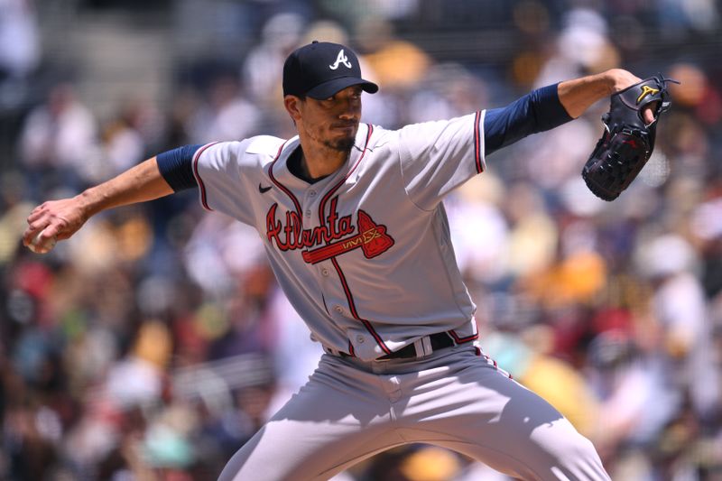 Apr 19, 2023; San Diego, California, USA; Atlanta Braves starting pitcher Charlie Morton (50) throws a pitch against the San Diego Padres during the first inning at Petco Park. Mandatory Credit: Orlando Ramirez-USA TODAY Sports